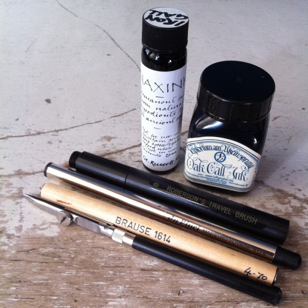 Iron gall and oak gall ink, portable brushes, a nib holder, a ruling pen with hand-ground tips